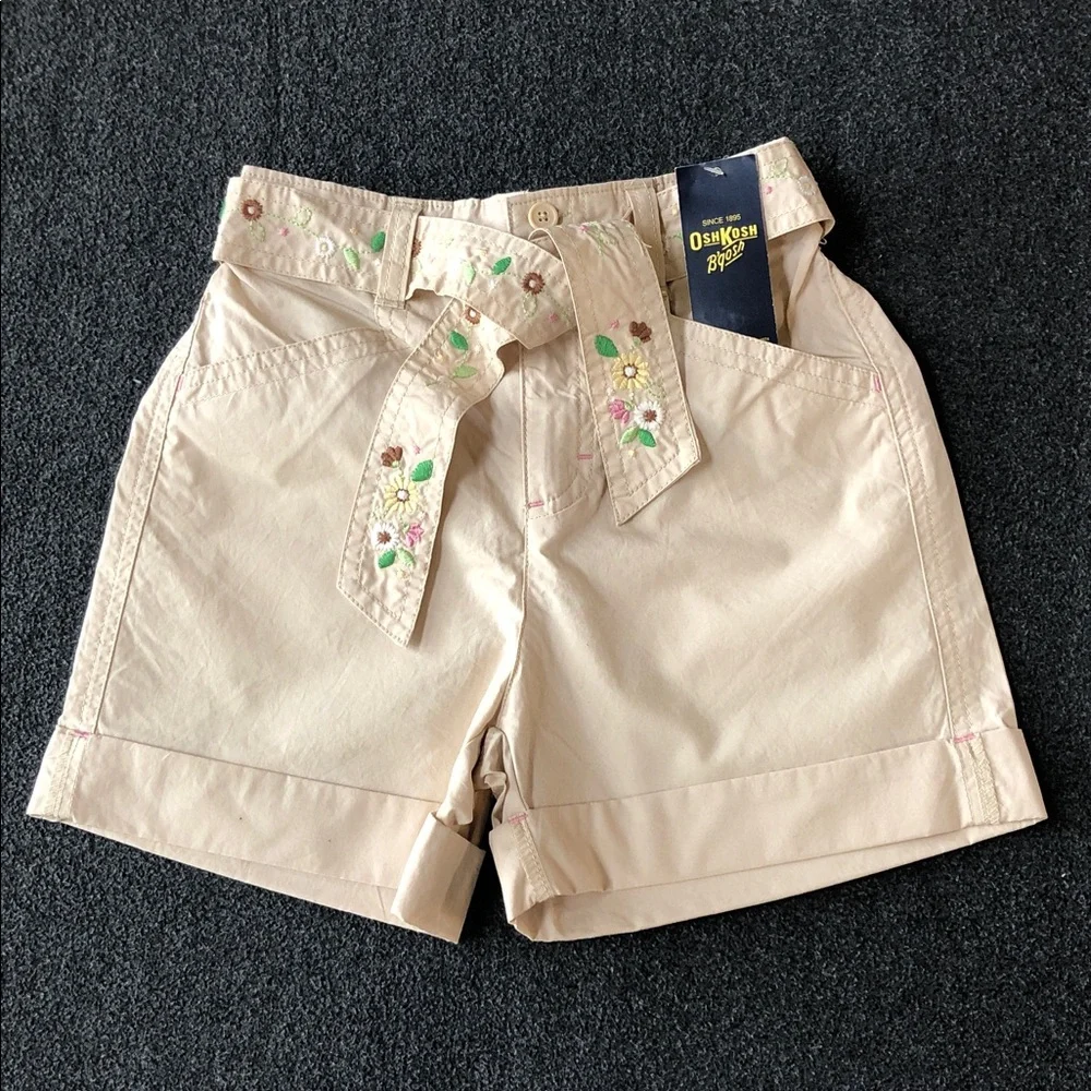 Oshkosh B'Gosh Girls 100% Cotton Shorts, Floral Embroidery Matching Belt Size 10